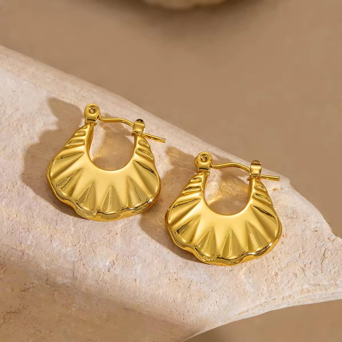 18K Gold Plated Pleated Fan Hoop Earrings – Waterproof, Hypoallergenic Jewellery by ThePandaStoree