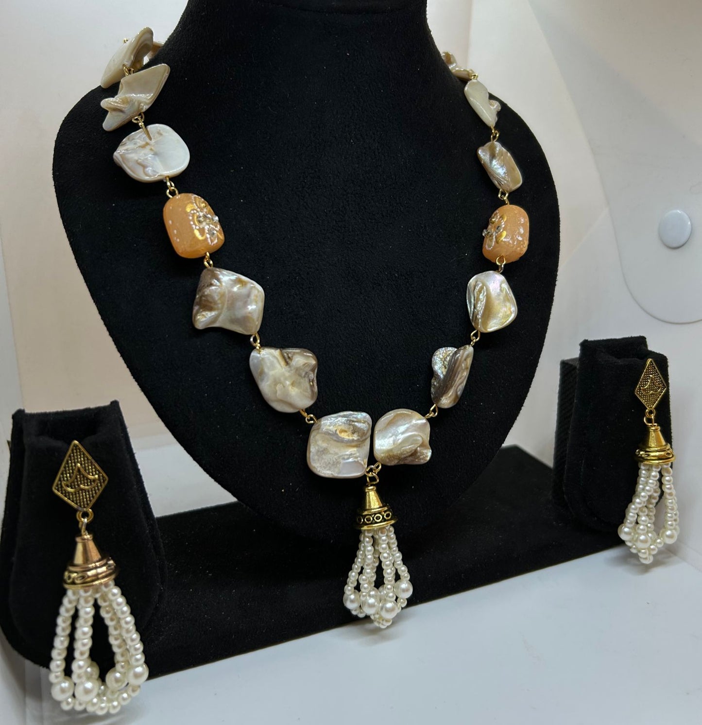 Timeless Mother of Pearl Long Necklace Set with Earrings