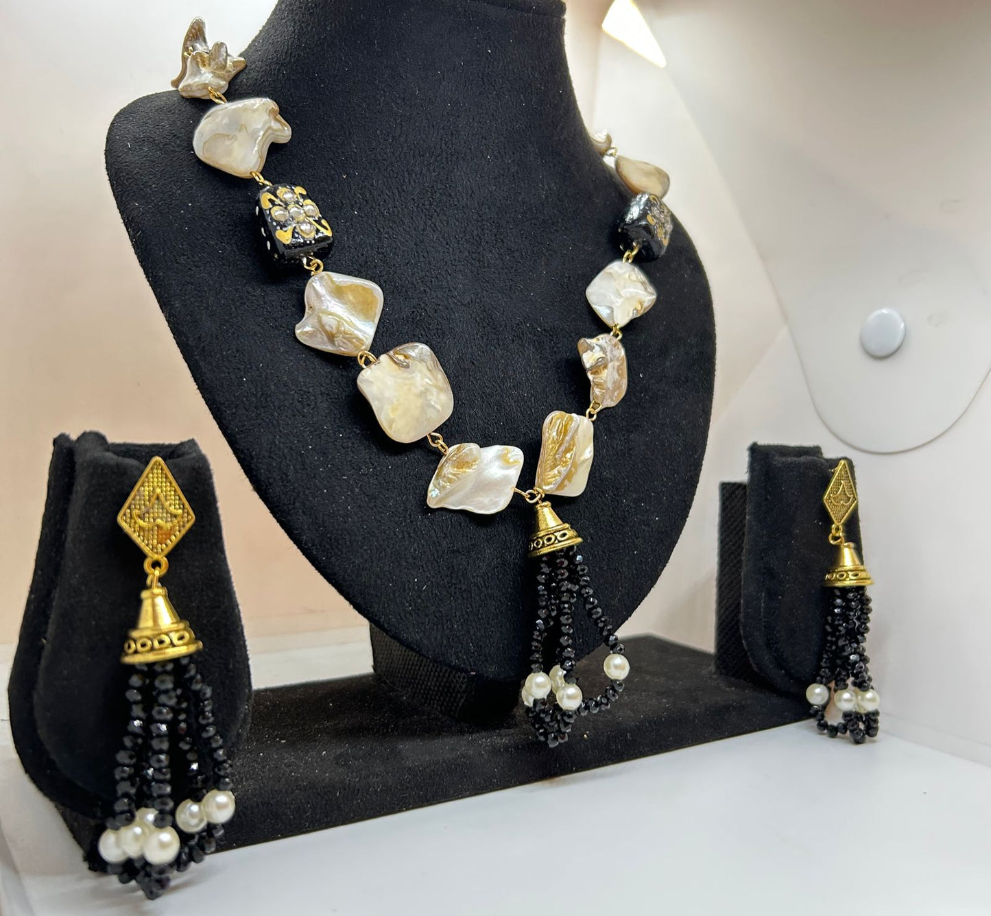 Black and Mother of Pearl Long Necklace Set with Earrings