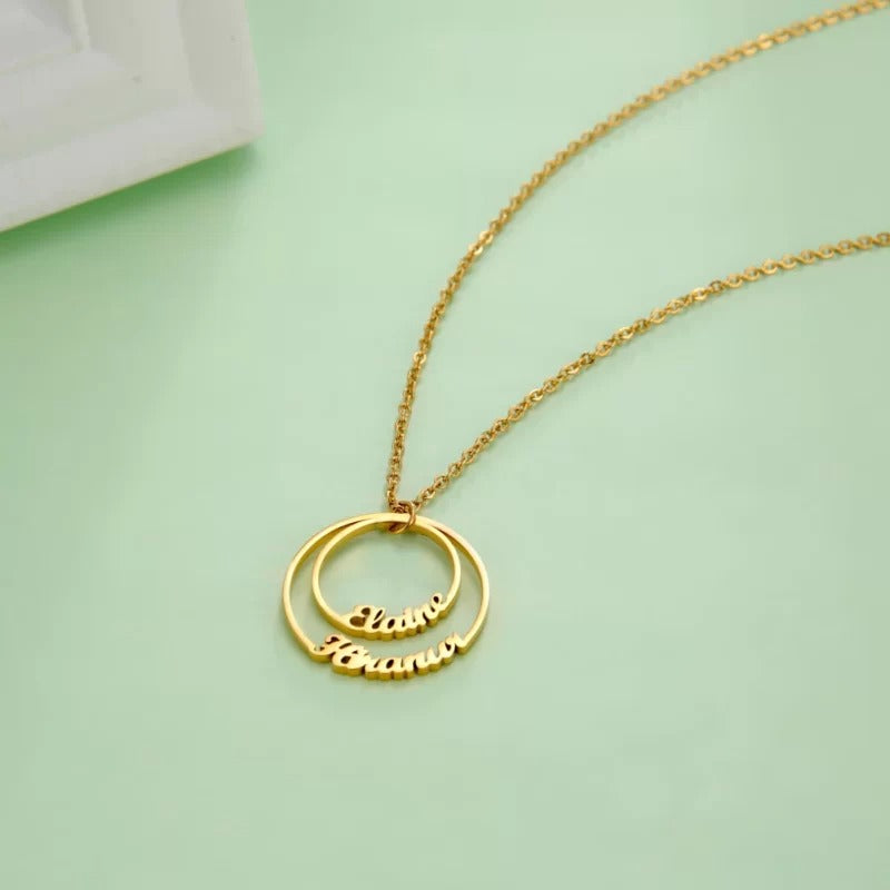 Love's Circle of Connection Double Name Necklace - Embrace of Two Hearts