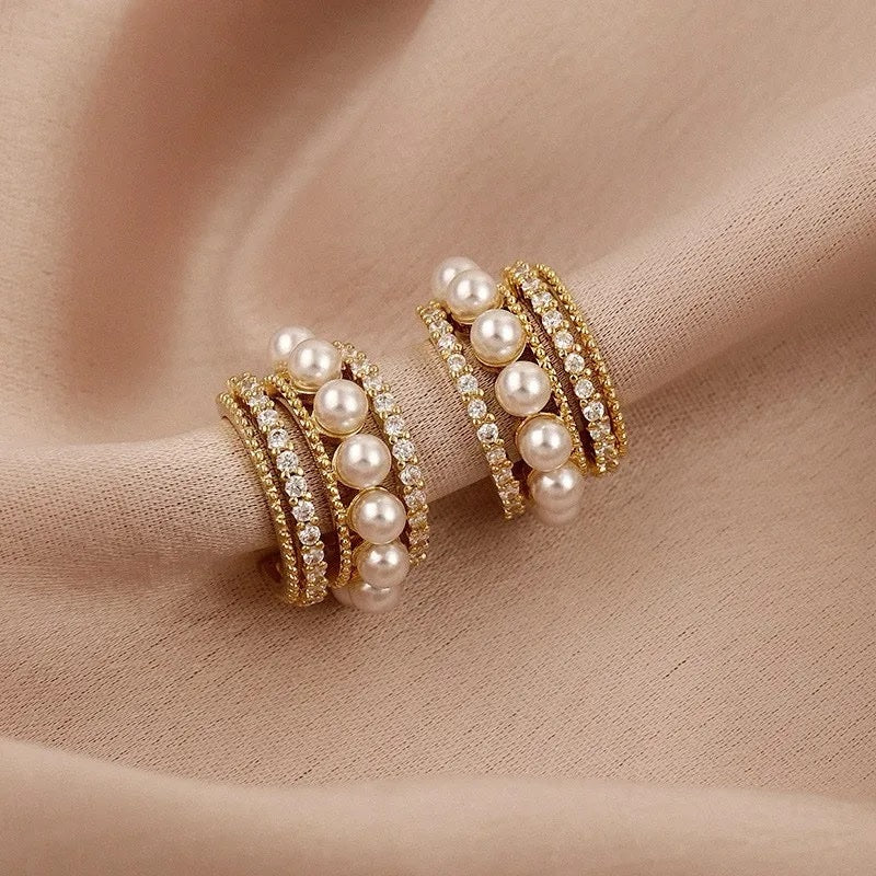 Triple Row Pearl Stud Earrings