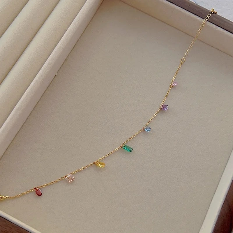 Rainbow Zircon Link Chain Choker Necklace