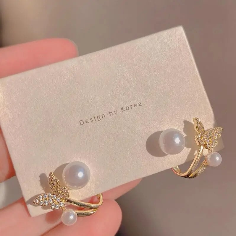 Double Pearl Butterfly Earrings