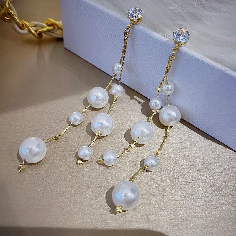 Vintage Crystal Pearl Tassel Drop Earrings