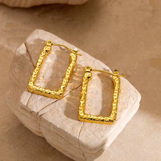 Hammered Rectangle Hoop Earrings | 18K Gold Waterproof