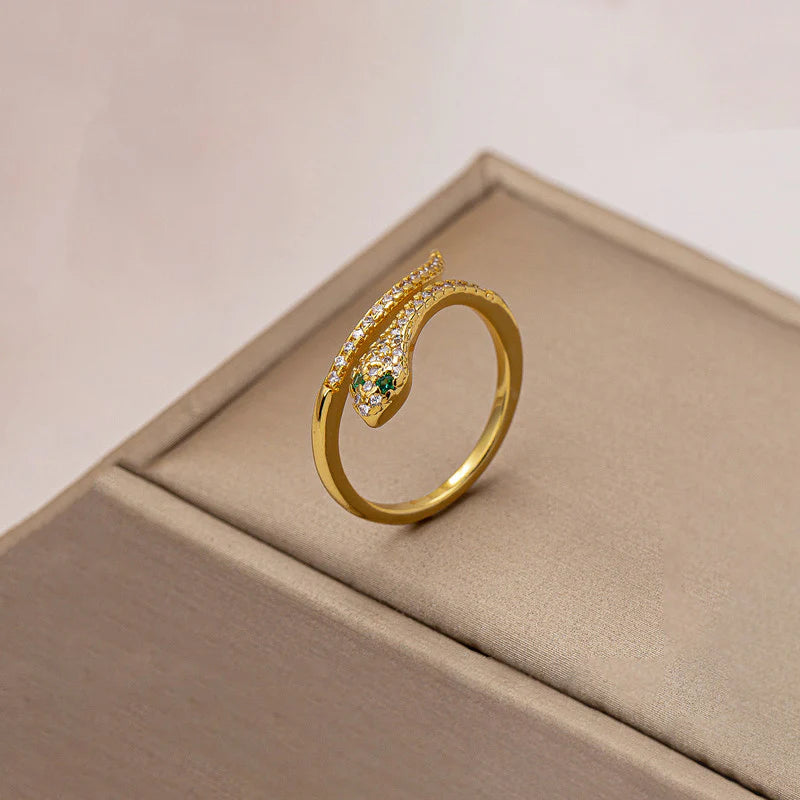 18K Gold-Plated Snake Ring – Adjustable Crystal Wrap Design