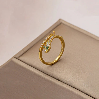 18K Gold-Plated Snake Ring – Adjustable Crystal Wrap Design