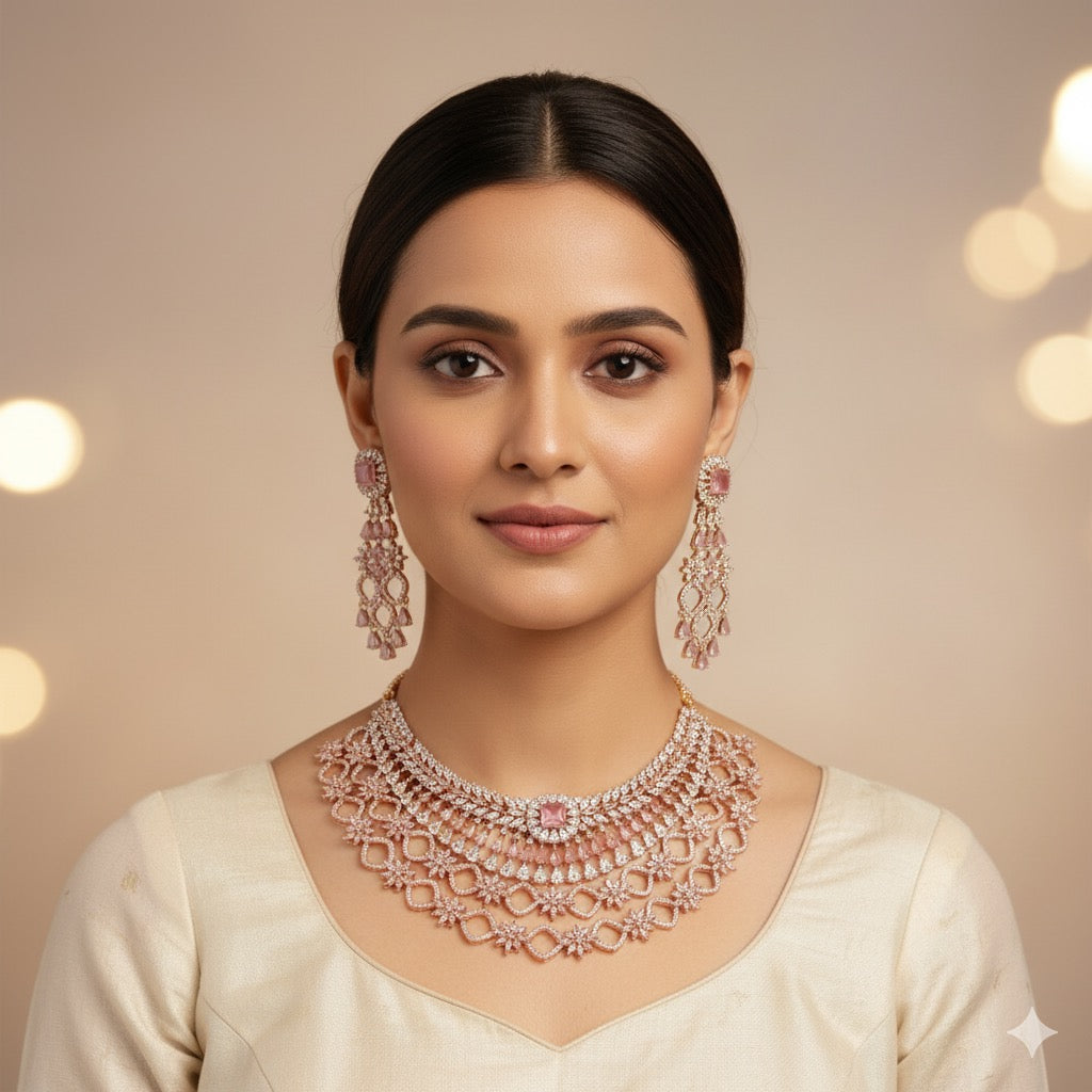 Blush Pink Multi-Layered American Diamond Necklace Set