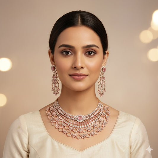 Blush Pink Multi-Layered American Diamond Necklace Set