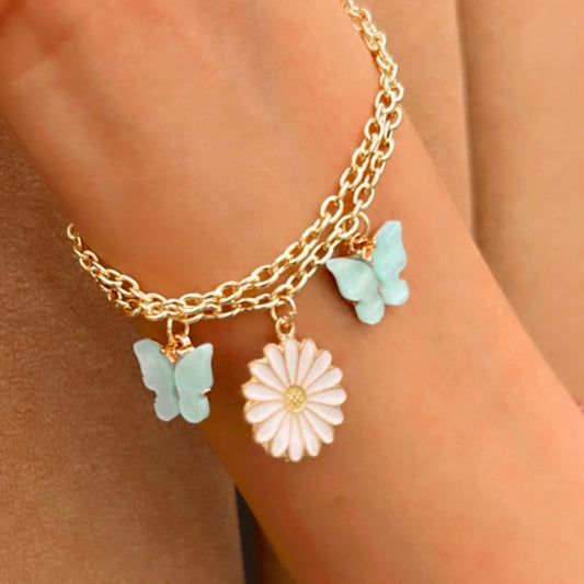 Sky Blue Butterflies &amp; White Daisy Bracelet