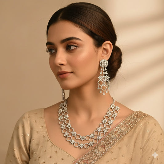 American Diamond Double Layered Necklace Set with Statement Earrings – Starburst Design