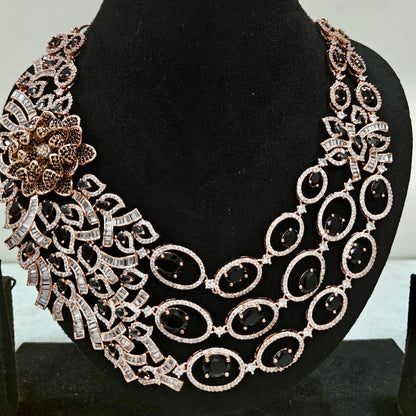 Black Stone Floral American Diamond Necklace Set