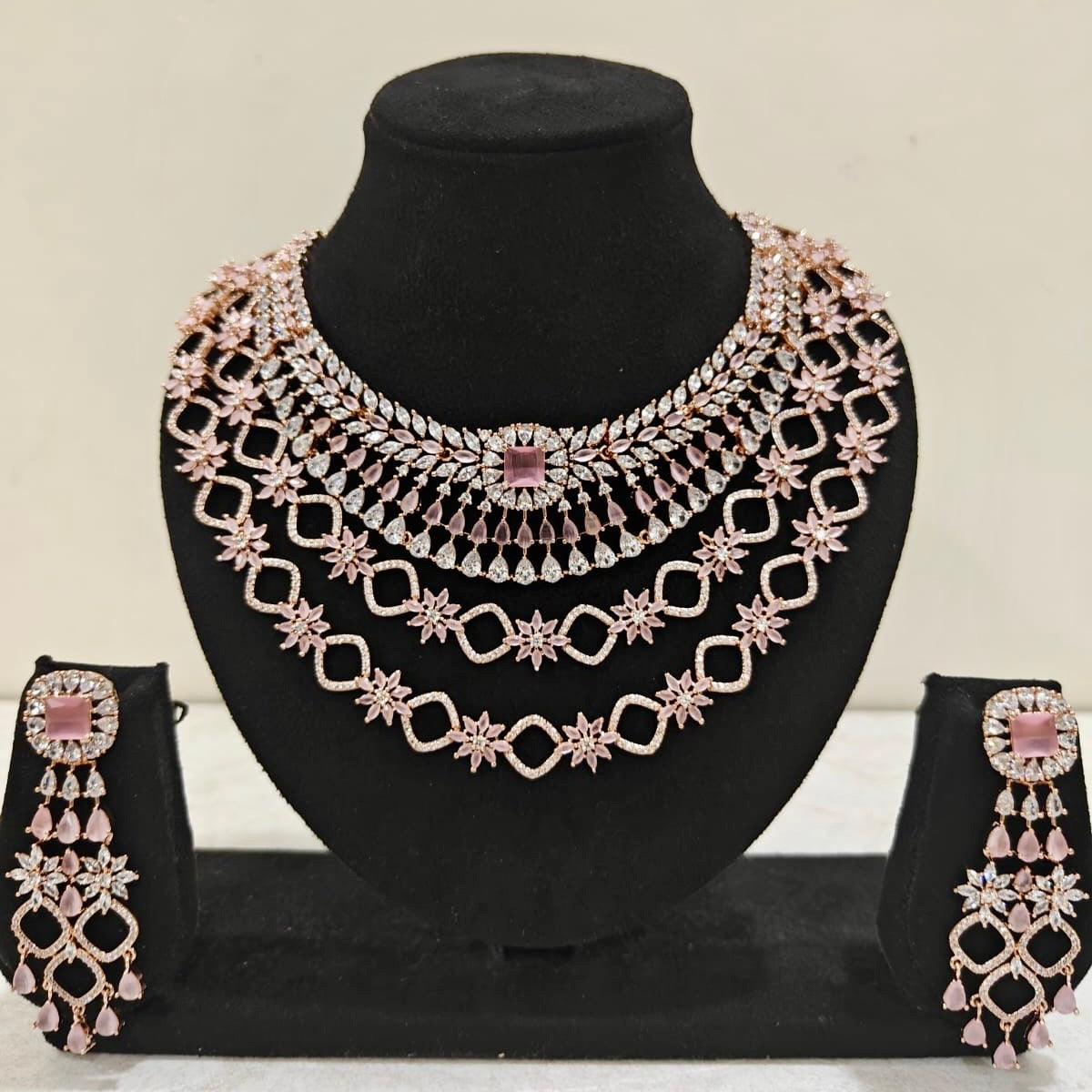 Blush Pink Multi-Layered American Diamond Necklace Set with Matching Earrings