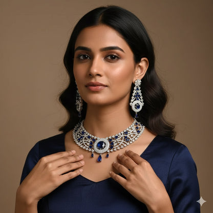 Silver Plated Blue Sapphire & AD Necklace Set – Bridal & Party Jewellery