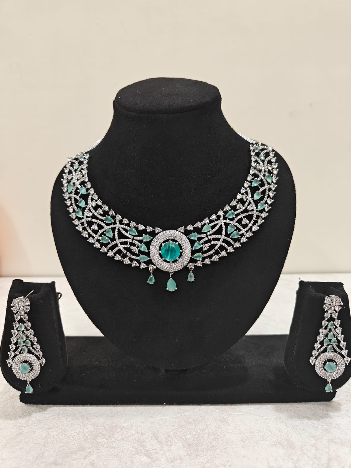 Silver Plated Emerald Green & AD Necklace Set – Bridal & Festive Jewellery