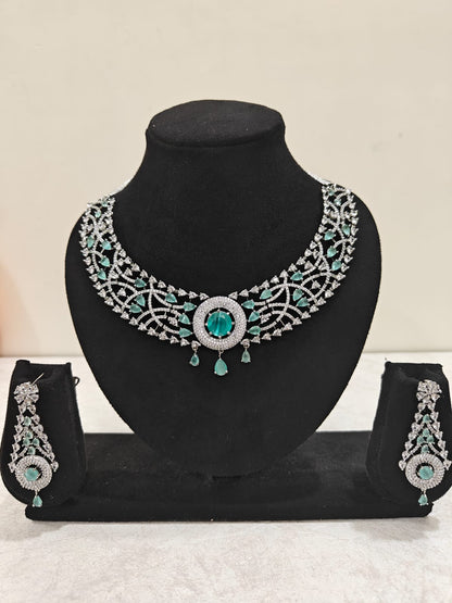 Silver Plated Emerald Green & AD Necklace Set – Bridal & Festive Jewellery