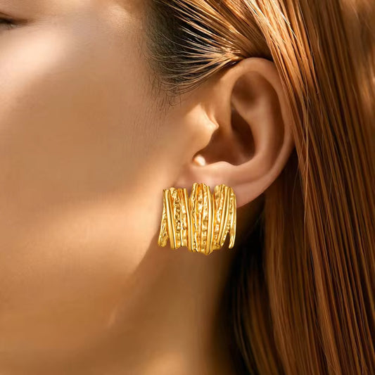 Ripple Texture Earrings | 18K Gold Bold Hammered Waterproof