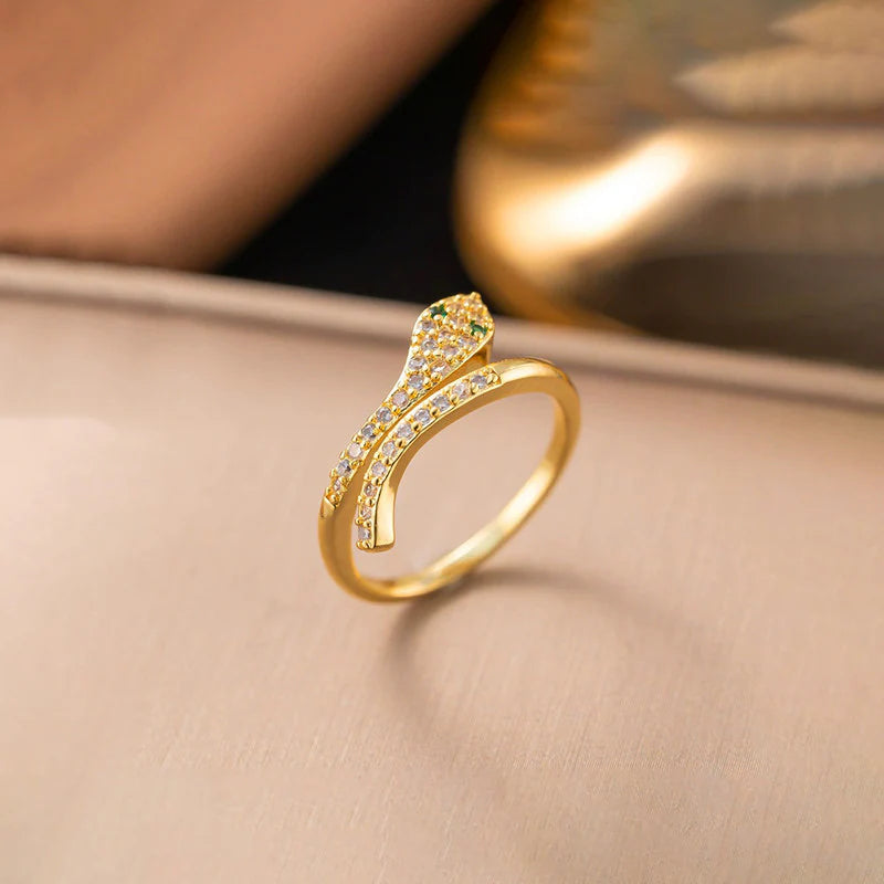 18K Gold-Plated Snake Ring – Adjustable Crystal Wrap Design