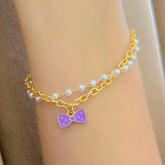 Elegant Golden Chain Bracelet with Purple Bow Charm