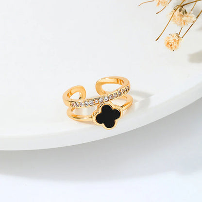 18K Gold-Plated Black Clover Adjustable Ring – Dual Band with Crystals