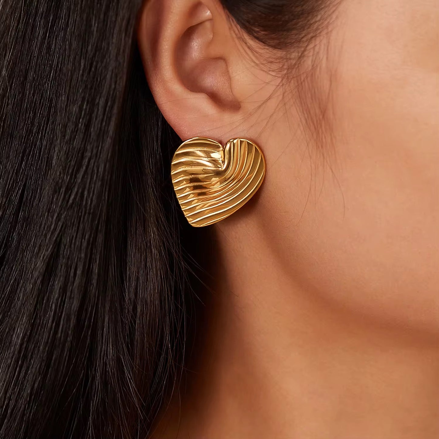 18K Gold-Plated Textured Heart Earrings – Statement Studs