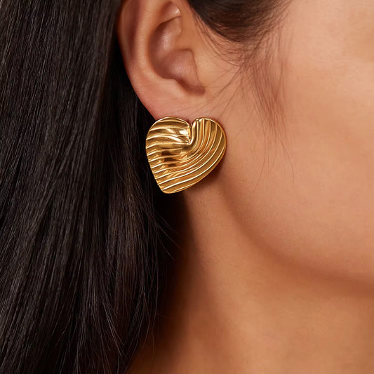 18K Gold-Plated Textured Heart Earrings – Statement Studs