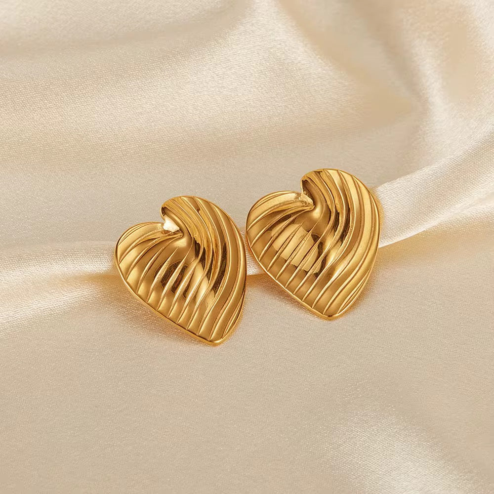 18K Gold-Plated Textured Heart Earrings – Statement Studs