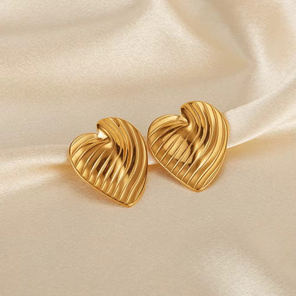 18K Gold-Plated Textured Heart Earrings – Statement Studs