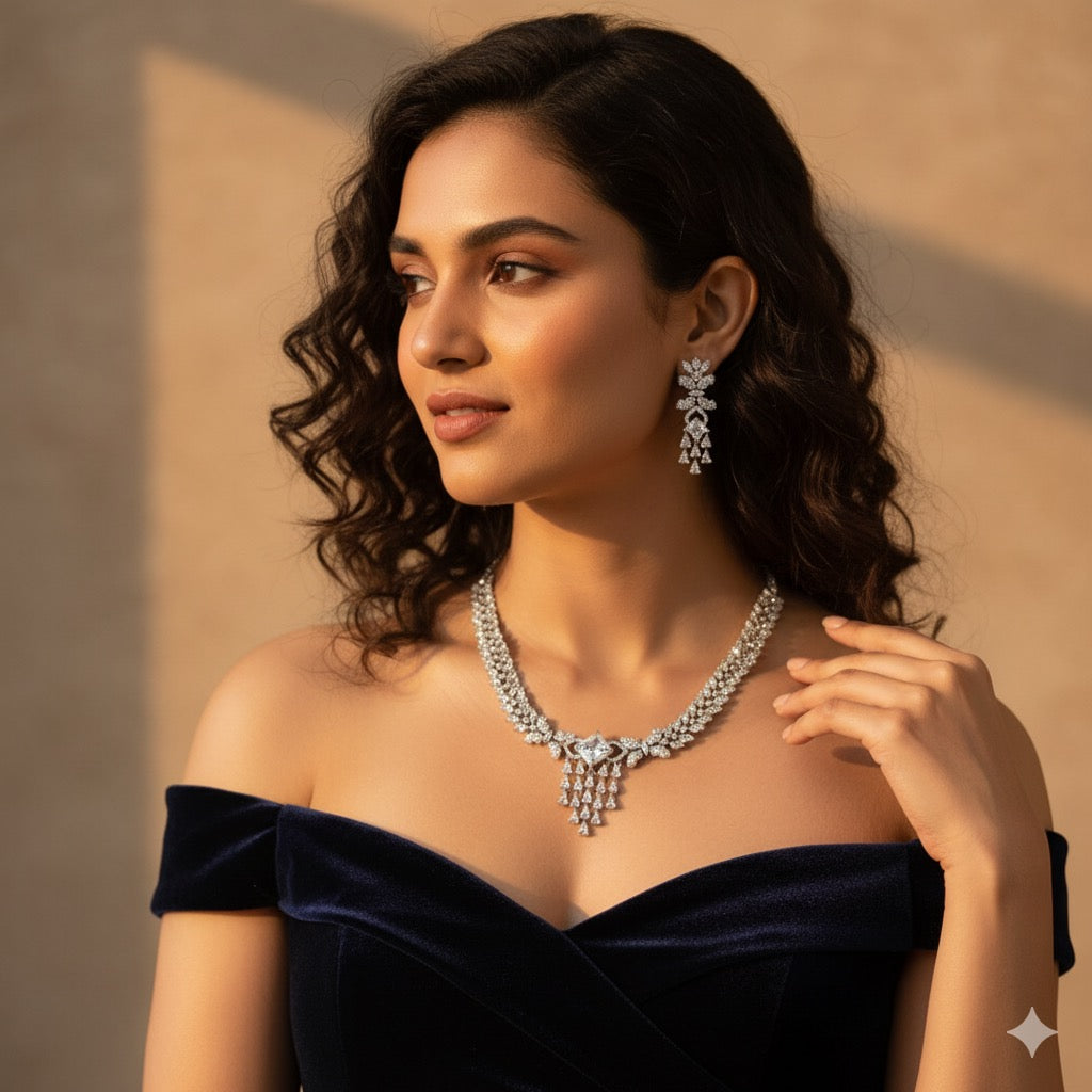 American Diamond Classic Bridal Necklace Set with Drop Earrings – Elegant Wedding Jewellery