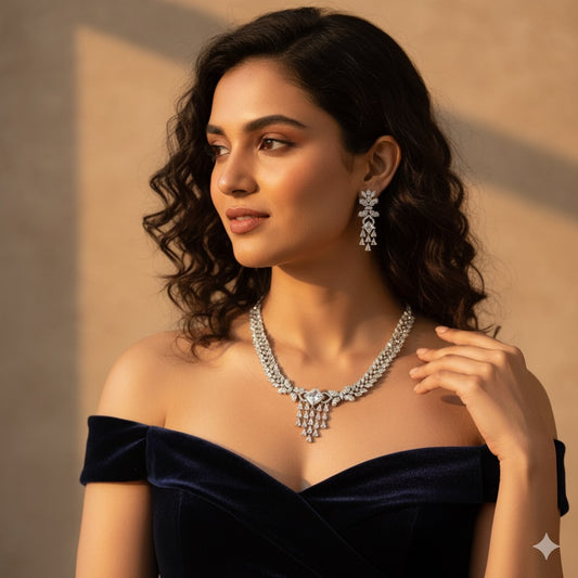 American Diamond Classic Bridal Necklace Set with Drop Earrings – Elegant Wedding Jewellery