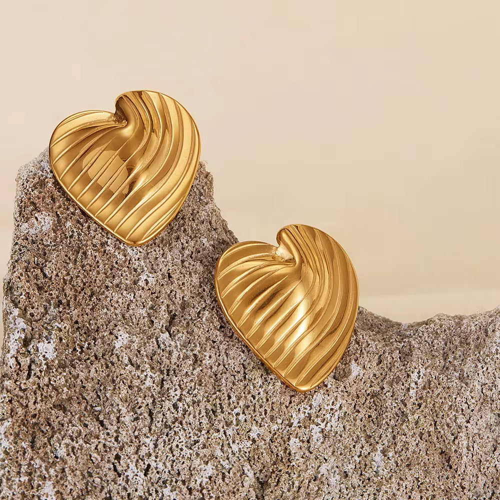 18K Gold-Plated Textured Heart Earrings – Statement Studs