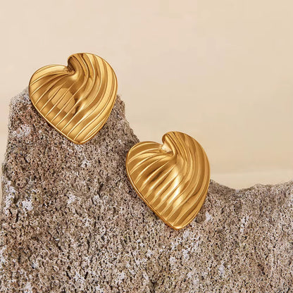 18K Gold-Plated Textured Heart Earrings – Statement Studs