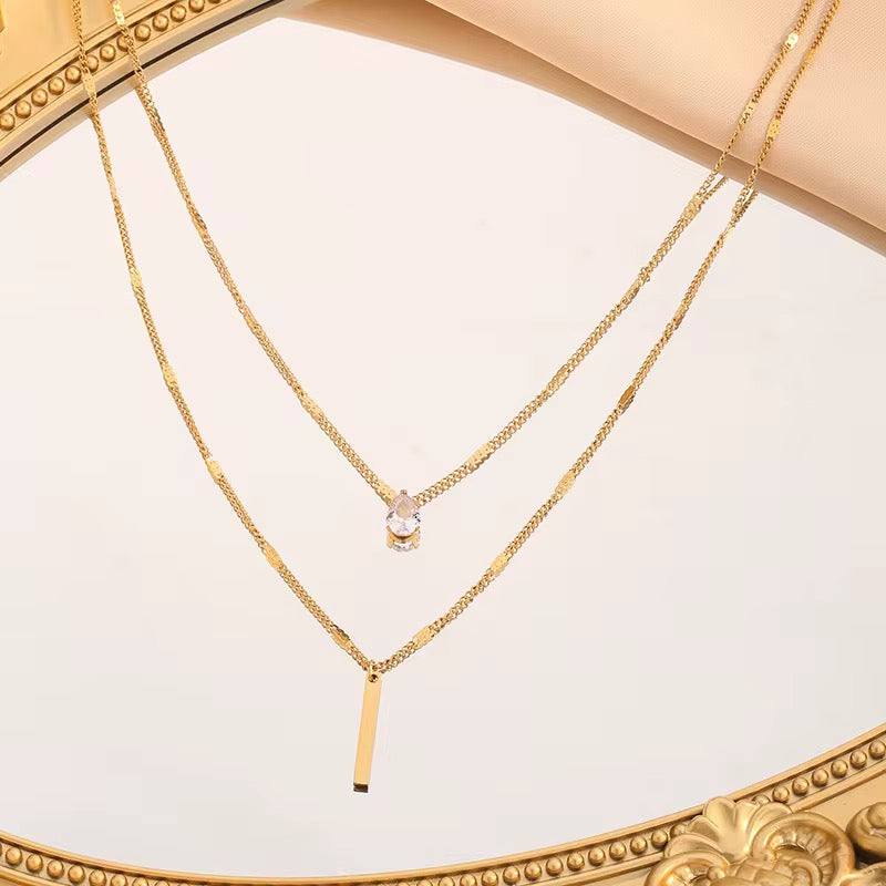 18K Gold Plated Layered Bar & Crystal Necklace – Waterproof & Skin Safe