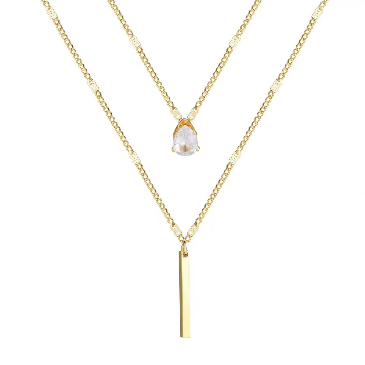 18K Gold Plated Layered Bar & Crystal Necklace – Waterproof & Skin Safe