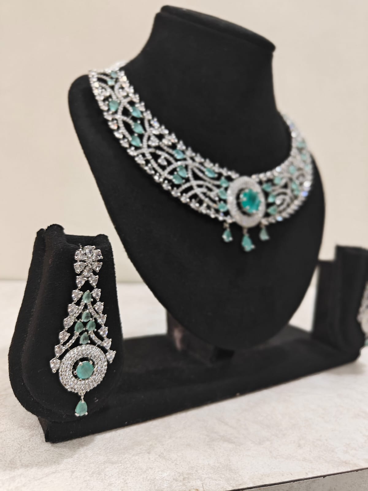 Silver Plated Emerald Green & AD Necklace Set – Bridal & Festive Jewellery