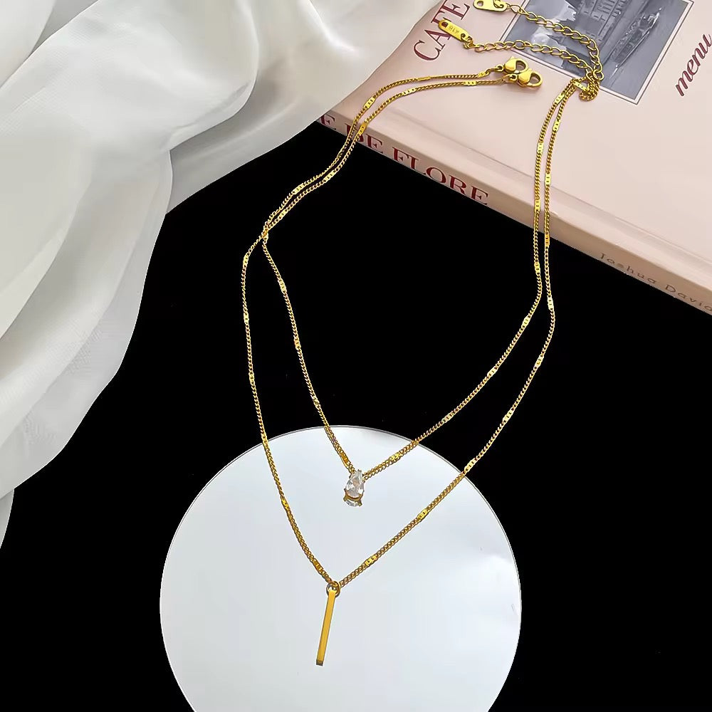 18K Gold Plated Layered Bar & Crystal Necklace – Waterproof & Skin Safe