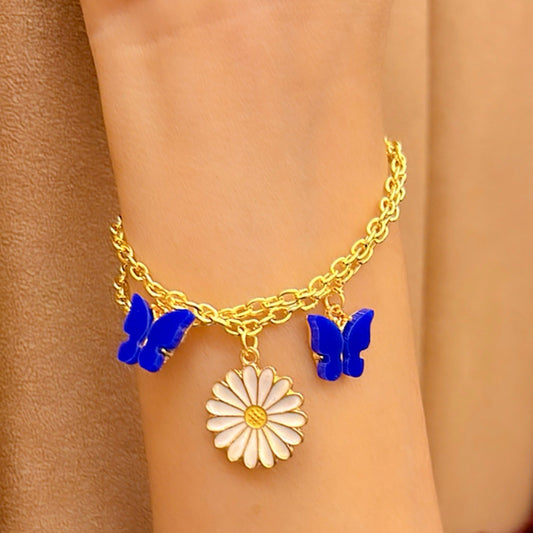 Azure Butterflies &amp; White Daisy Bracelet