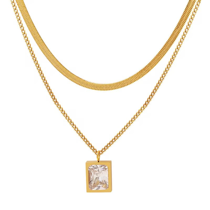 18K Gold Plated Layered Necklace with Rectangle Pendant – Waterproof