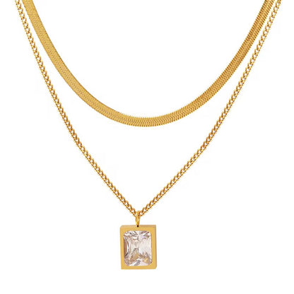 18K Gold Plated Layered Necklace with Rectangle Pendant – Waterproof