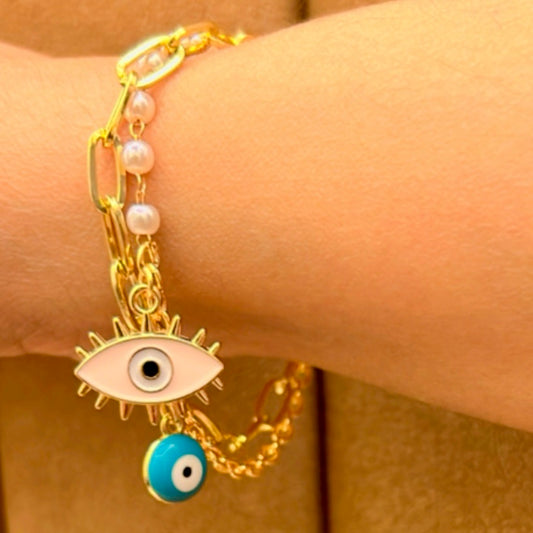 Blush Harmony Layered Evil Eye Chain Bracelet