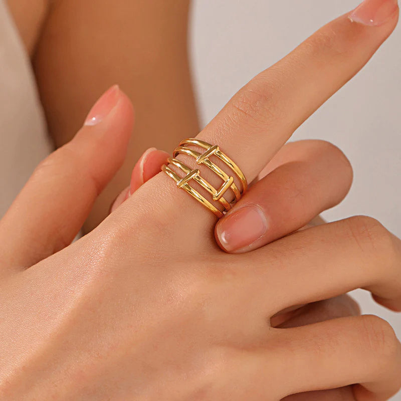 18K Gold-Plated Triple Band Ring – Adjustable Geometric Statement