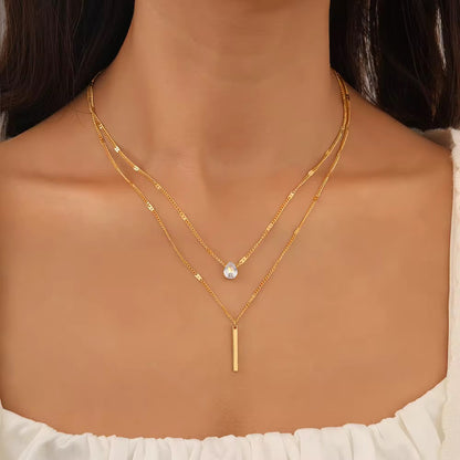 18K Gold Plated Layered Bar & Crystal Necklace – Waterproof & Skin Safe