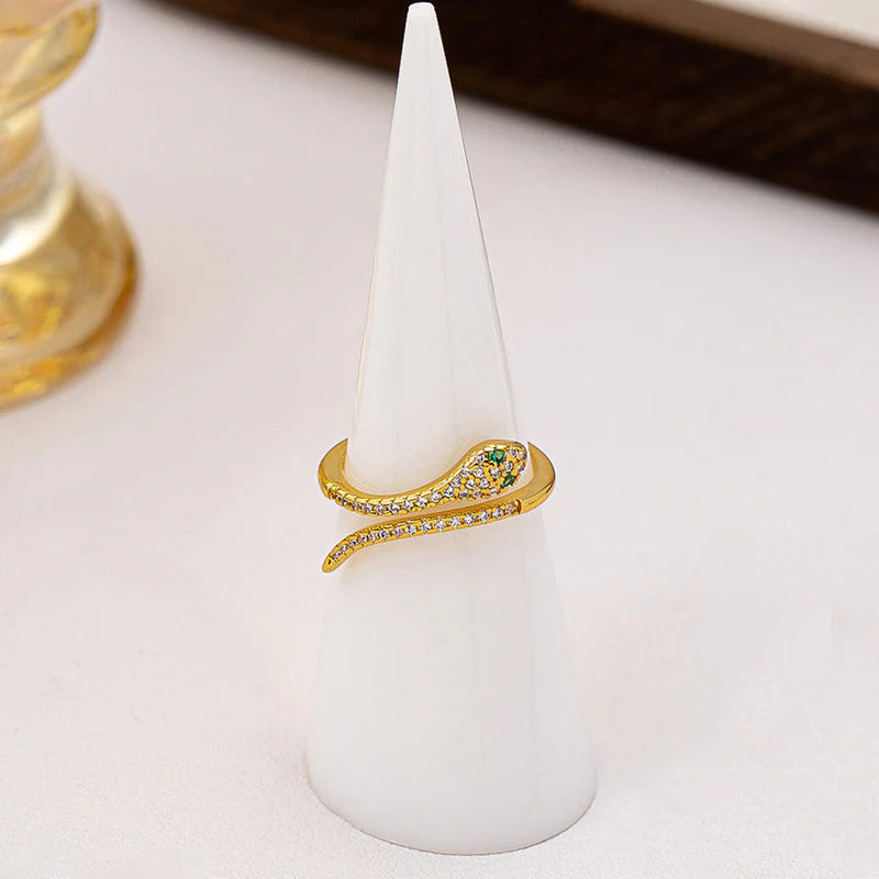 18K Gold-Plated Snake Ring – Adjustable Crystal Wrap Design