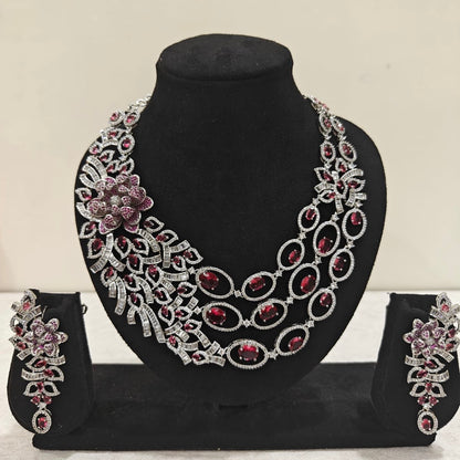 Front view of American Diamond Ruby Floral Necklace Set