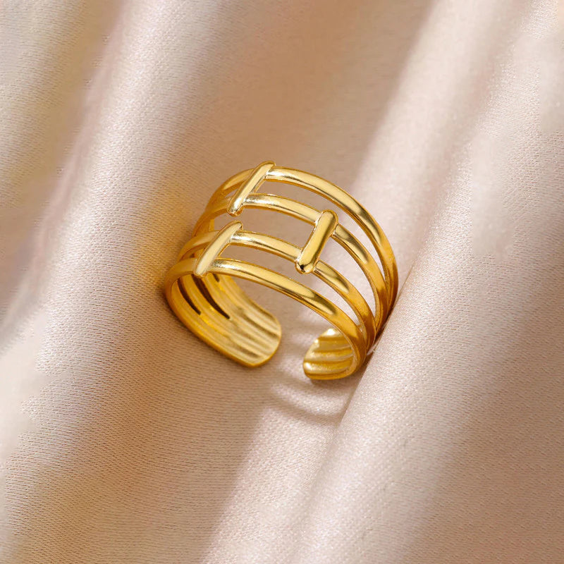 18K Gold-Plated Triple Band Ring – Adjustable Geometric Statement