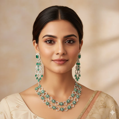 American Diamond & Emerald Green Double Layered Necklace Set – Starburst Design with Statement Earrings