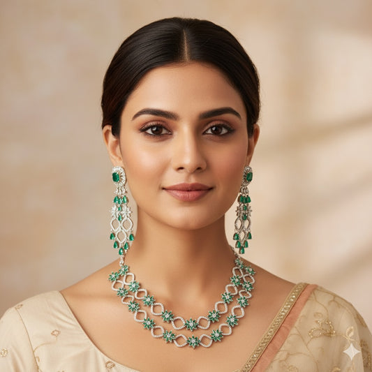 American Diamond & Emerald Green Double Layered Necklace Set – Starburst Design with Statement Earrings
