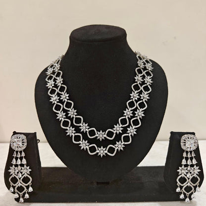 American Diamond double layered necklace set with matching long earrings – starburst design by ThePandaStoree