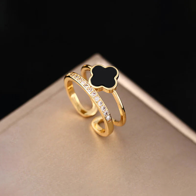18K Gold-Plated Black Clover Adjustable Ring – Dual Band with Crystals