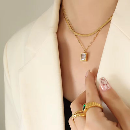 18K Gold Plated Layered Necklace with Rectangle Pendant – Waterproof